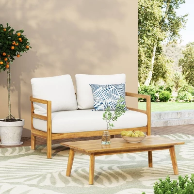 2pc Ellendale Outdoor Acacia Wood Loveseat & Coffee Table Teak/White - Christopher Knight Home 4 2pc Ellendale Outdoor Acacia Wood Loveseat & Coffee Table Teak/White - Christopher Knight Home - Image 4